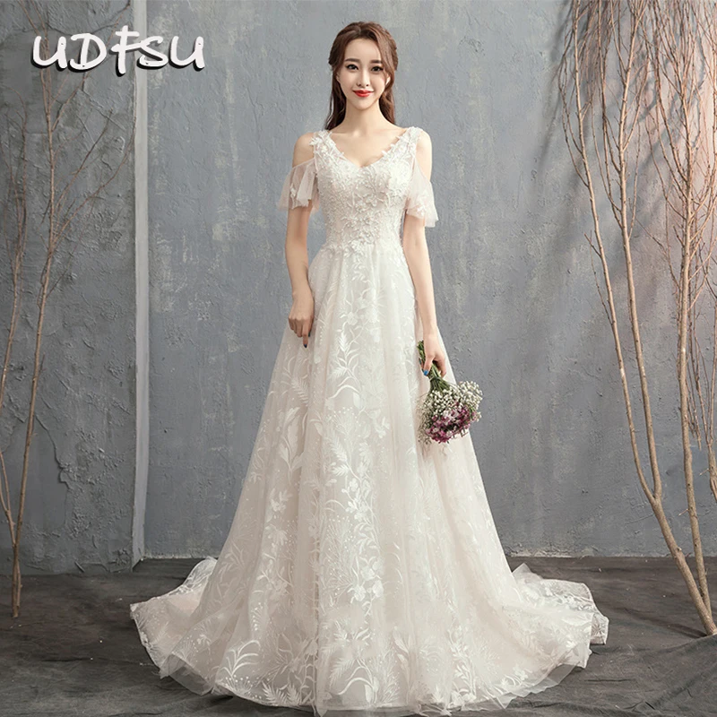 UDFSU Vrouwen V-hals Koud De Schouder A-lijn Trouwjurk Lace Up Backless Trein Jurken Elegante Vintage Tulle Toga UDFSU Vrouwen V-hals Koud De Schouder A-lijn Trouwjurk Lace Up Backless Trein Jurken Elegante Vintage Tulle Toga
