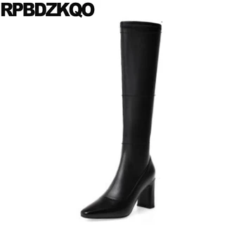 

sexy women pointed toe luxury knee high 10 big size tall heel shoes side zip boots female genuine leather chunky long fur black