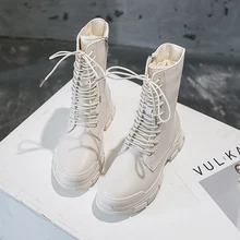 Новые зимние сапоги; женские белые сапоги; Модные Черные ботильоны на платформе с теплым Плюшевым Мехом; кожаные женские зимние сапоги на шнуровке