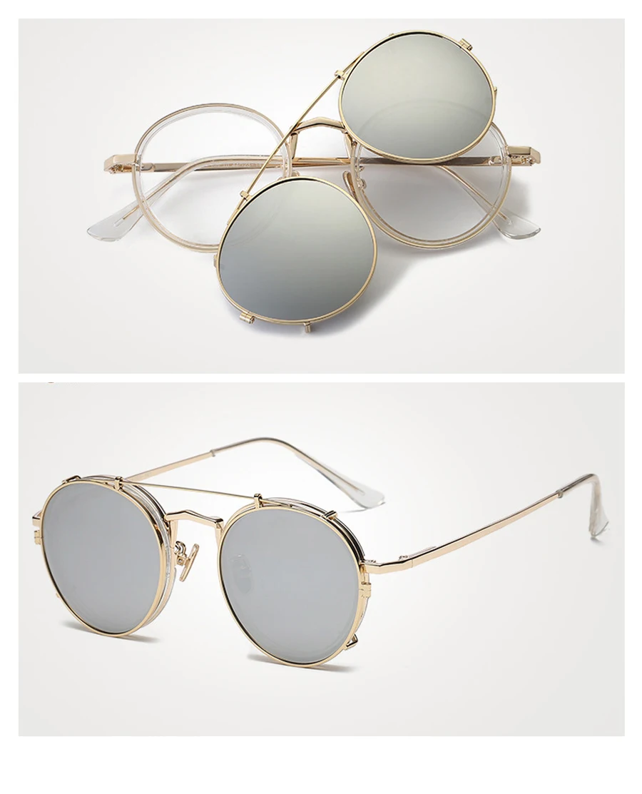 New Men Double Lenses Round Sunglasses 8 Colors Metal Frame Mirror Color Lens UV400 Retro Eyeglasses With Box