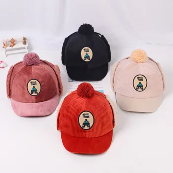 

New Baby boy girl hat Autumn and winter new plush ball children's earmuffs 1-3 years old baby embroidered cat comfort warm hat