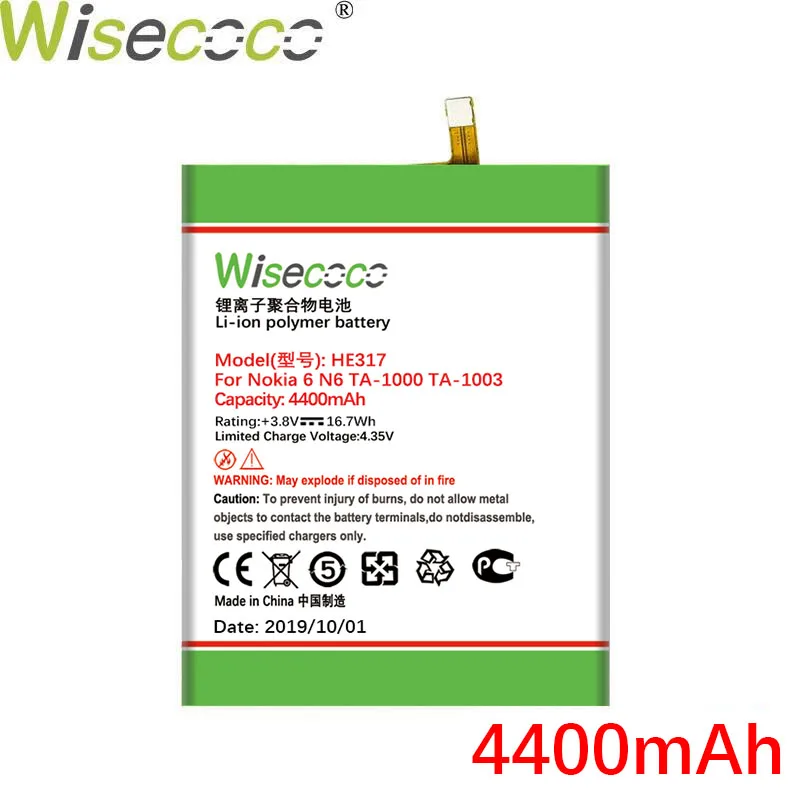 WISECOCO 4400 мАч HE317 аккумулятор для Nokia 6 Nokia6 N6 TA-1000 TA-1003 TA-1021 TA-1025 TA-1033 TA-1039 TA-смартфон+ номер отслеживания