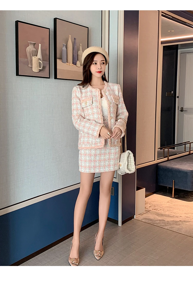 New Autumn Winter Women Sexy Tweed Suits Fashion Plaid Jacket Coat+ 2 Piece Sets Female Woolen Elegant Skirts Sets Women's Set