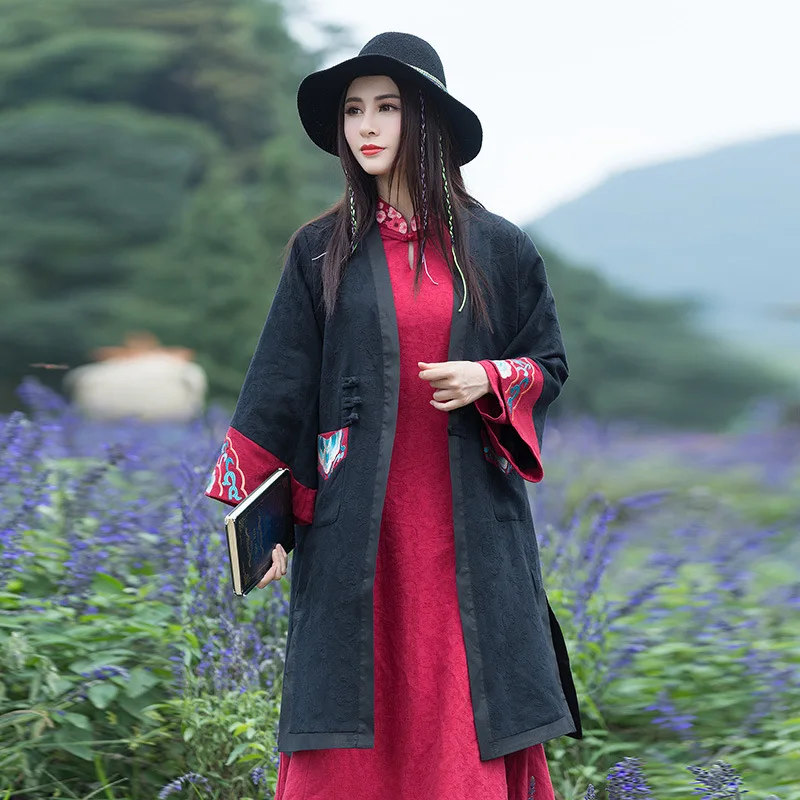 C6284 Retro Cotton Linen Jacquard Trench Coat Women's Autumn And Winter V-neck Ninth Sleeve Mixed Colors Embroidered Coat