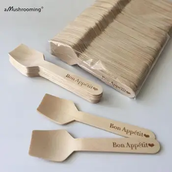 

x1000 disposable spoon wooden Dessert Spoon Ice Cream Spoons laser engraved Wood Utensils customized enjoy your meal bon appetit
