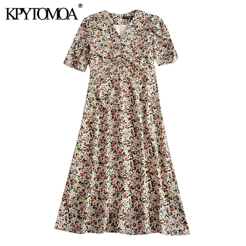 KPYTOMOA Women 2020 Chic Fashion Floral Print Pleated Midi Dress Vintage Puff Sleeve With Lining Back Zipper Female Dresses KPYTOMOA Women 2020 Chic Fashion Floral Print Pleated Midi Dress Vintage Puff Sleeve With Lining Back Zipper Female Dresses