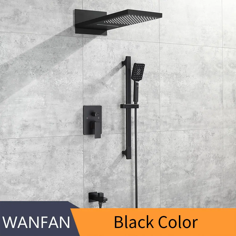 Смесители для душа матовый черный настенный смеситель для ванной комнаты Набор дождевой Площади Большая душевая головка ручной клапан смеситель для ванны кран YB-623R - Цвет: Black