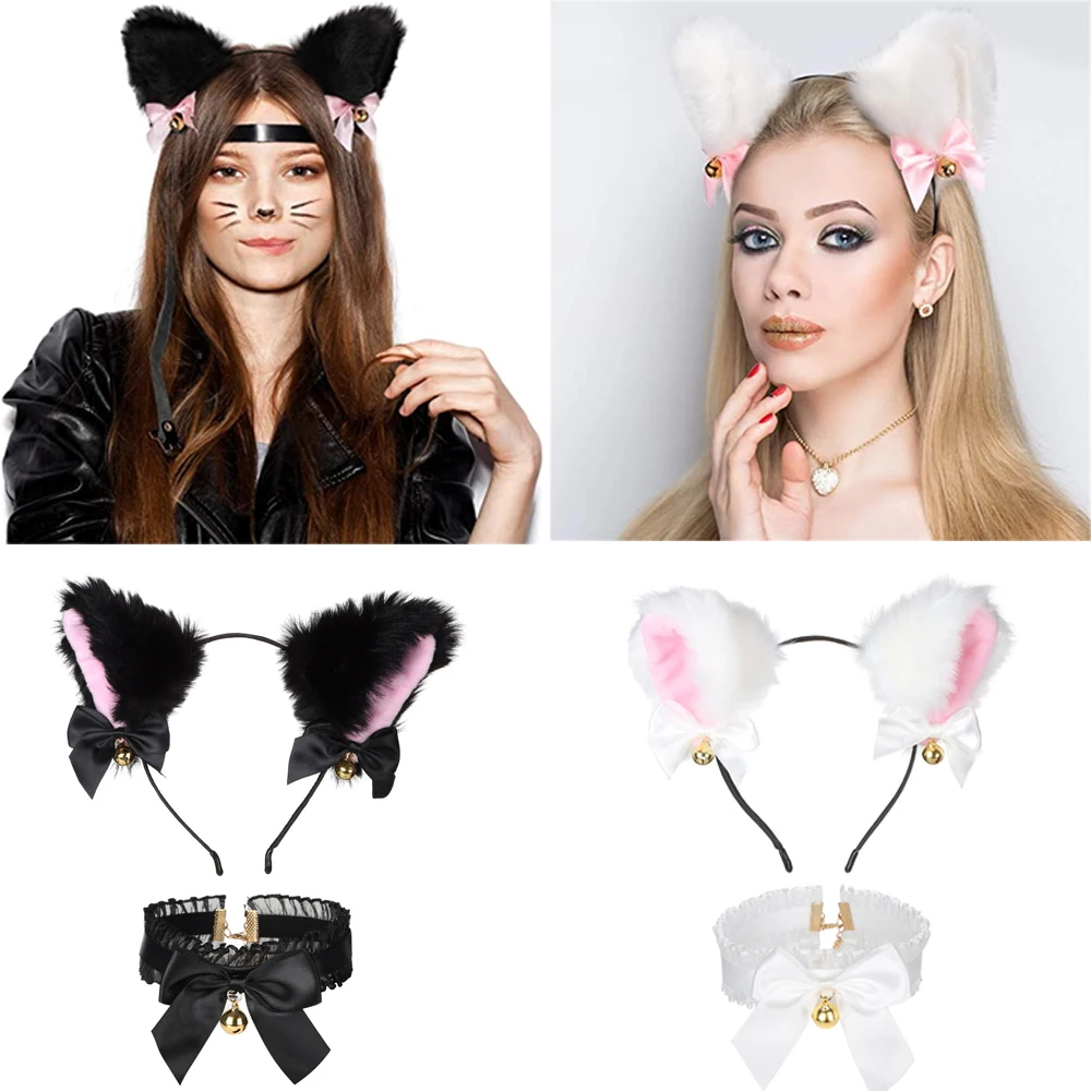 1Set Lovely Cat Ear Headband With Bells Necklace Girl Plush Furry Cat