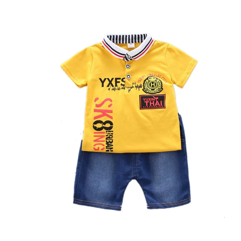 

New Summer Baby Boy Outing Clothes Children Printed Letter T Shirt Denim Shorts 2Pcs/sets Infant Kids Fashion Toddler Tracksuits