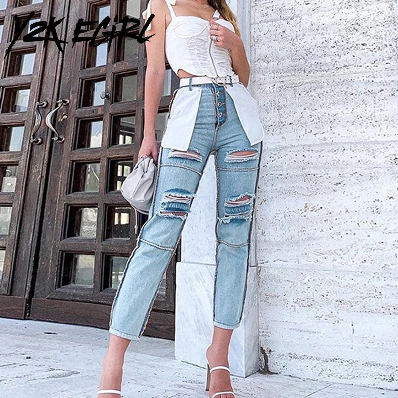 

Y2K EGIRL Vintage 2000s Aesthetics Patchwork Stitch Ripped Jeans Fashion Autumn Chic Pockets Long Demin Pants Streetwear Party