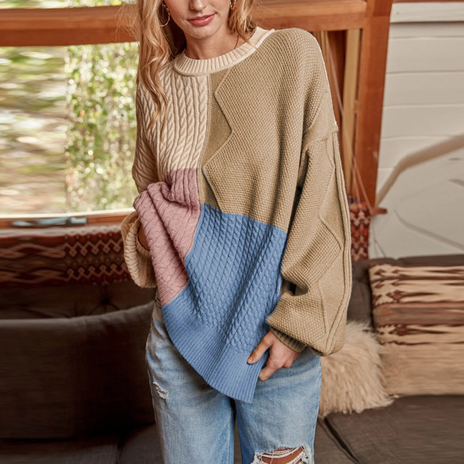 Women 0 Neck Patchwork Collision Color Sweater Ladies Thick Line Linen Lantern Sleeve Pullovers Female Knitted Casual Sweaters 2