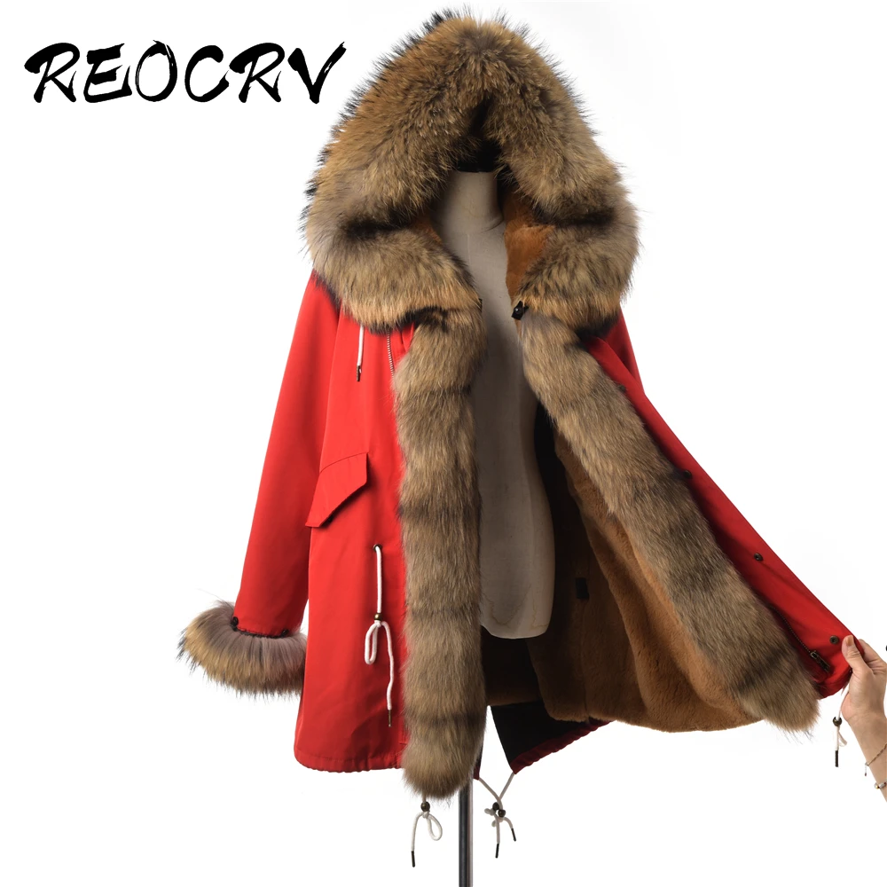 

REOCRV Raccoon Fur Parka Women Winter Coat Women Plus Size Natural Raccoon Fur Lining Red Parka With Hood Waterproof Parka Women