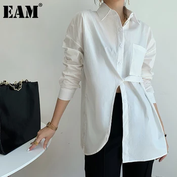 

[EAM] Women White Irregular Split Big Size Blouse New Lapel Long Sleeve Loose Fit Shirt Fashion Tide Spring Autumn 2020 1DB330