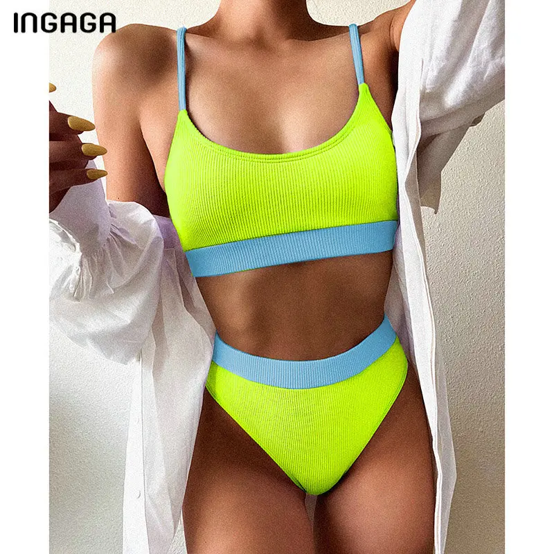 Бикини INGAGA с высокой талией женские Купальники пуш ап купальный костюм