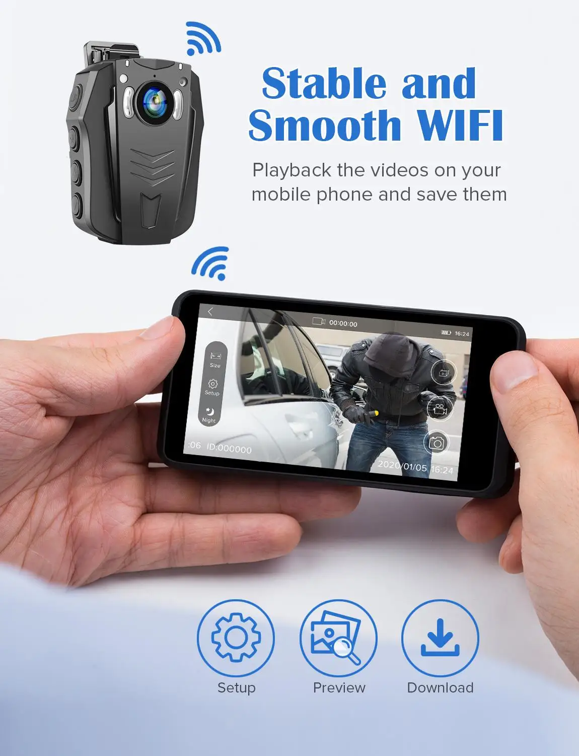 BOBLOV PD70 WiFi Bodycam 1296P Wearable Body Cameras Night Vision Camera Light and Small Body cam 170 Degree for Law Enforce