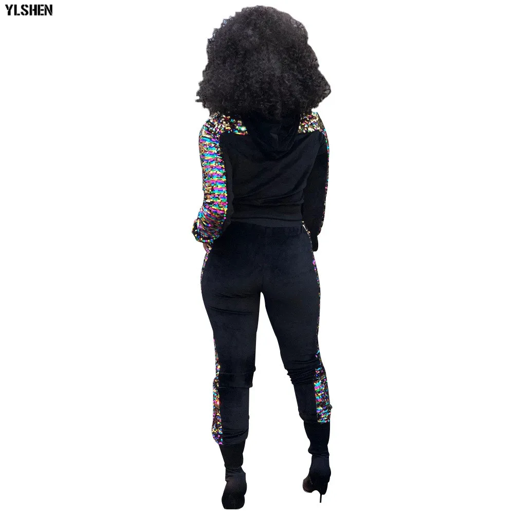 2 Two Piece Set Velvet Tracksuit Women Sexy Sequins Jogging Femme Plus Size Long Sleeve Tops +Pants Sweat Suits Matching Sets 14