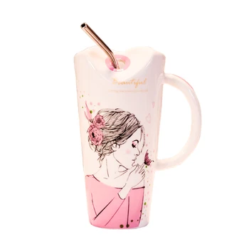 

Funny Cups and Mugs Cute Creative Girl Ceramic Mug Personality with A Lid Spoon Trend Straw Household Office Cup Powder