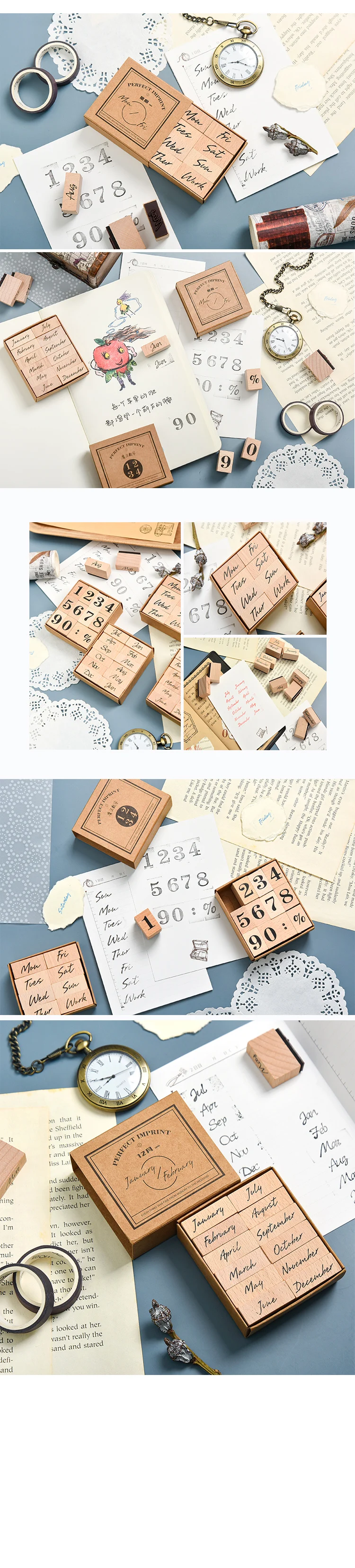 Vintage Month Week Number Wood Stamp Set Diy Decorative Diary Journal Craft Scrapbooking Planner Stamp Stationery