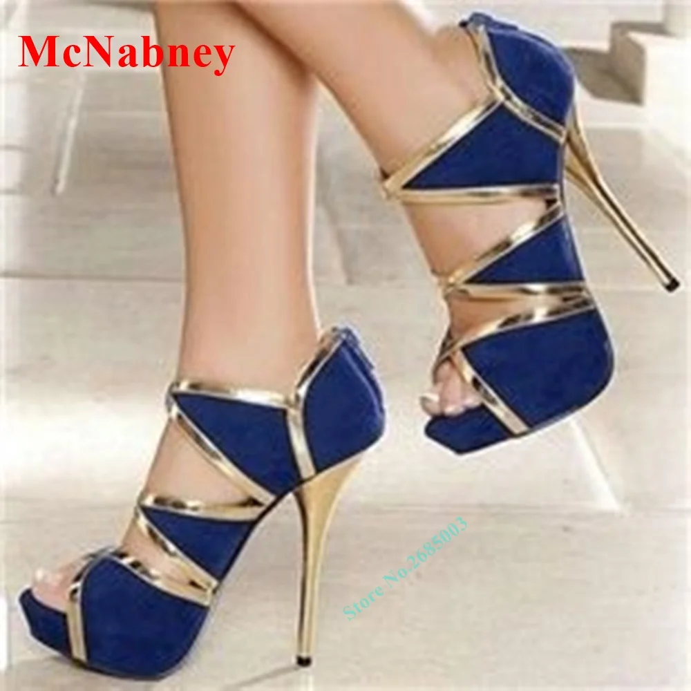 

Punk Rock Gladiator High Heel Sandals Women Open Toe Pumps Super High Heel Women's Banquet Blue Suede Sandals Party Dress Shoes