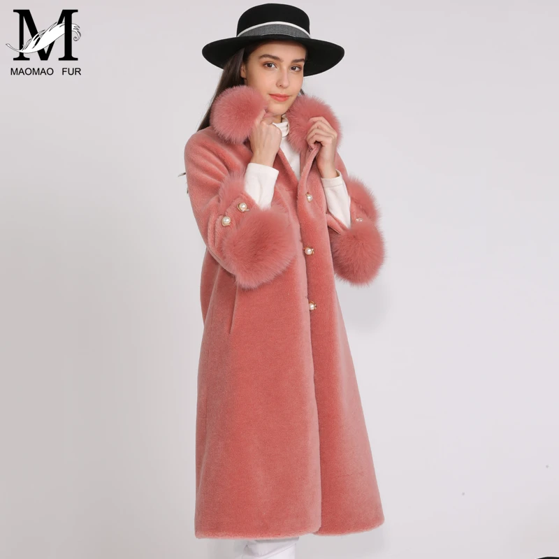 MAOMAOFUR/шерстяное пальто для женщин с натуральным лисьим меховым воротником и манжетами; теплая верхняя одежда для женщин; Новая модная длинная стильная куртка из натурального овечьего меха