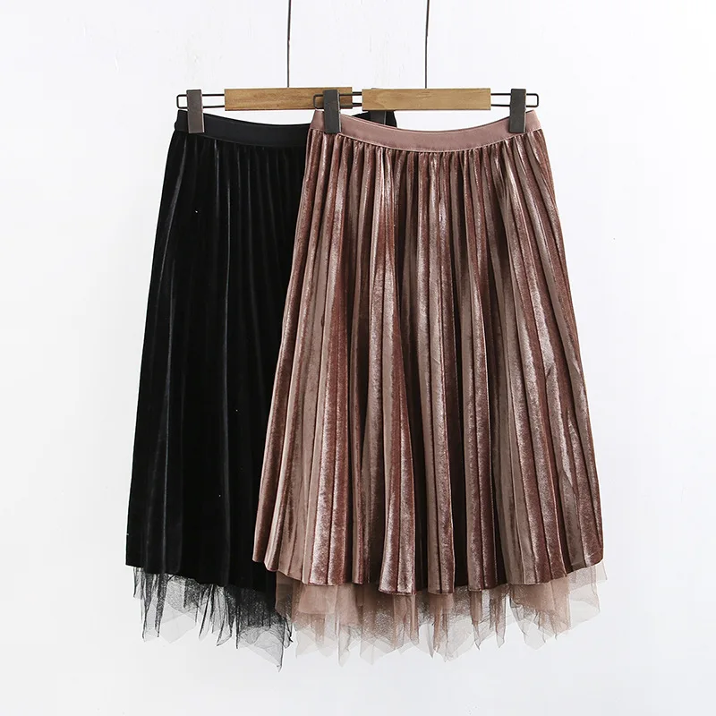 

Fat Mm Reversible Gold Velvet Irregular Pleated Skirt Women's Half-length Large Size High-waisted Gauze A- line Puffy Skirt