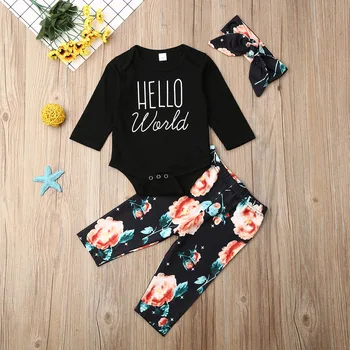 

Pudcoco Autumn Newborn Baby Girl Clothes Letter Print Long Sleeve Romper Tops Flower Print Long Pants Headband 3Pcs Outfits Set