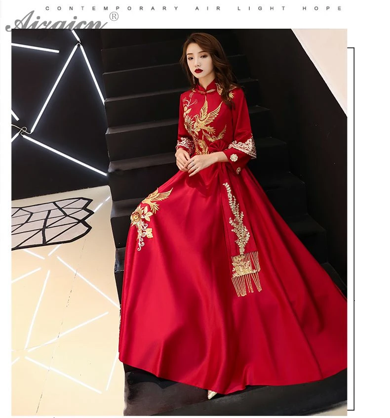Восточный стиль красный вышивка длинный Cheongsam современная мода невесты винтажное платье Qi Pao женское китайское вечернее китайское платье-Ципао Халат