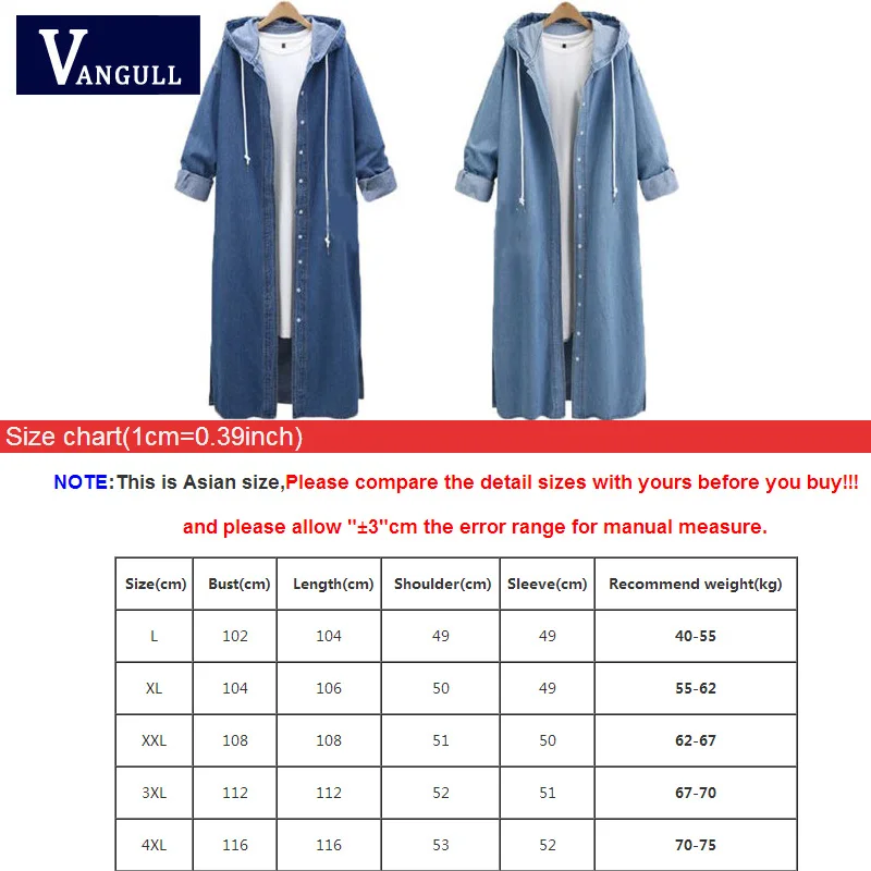 Vangull 4XL новые весенние женские длинные джинсовые пальто пальто из джинсовой ткани с капюшоном Повседневная Женская ветровка больших размеров Outwea