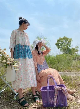 

2020 spring and summer new Mori women's floral casual casual loose wild retro dress ramie