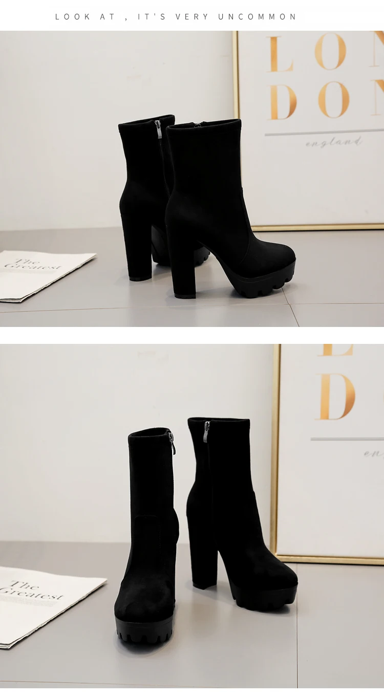 Aneikeh/ Модные женские ботильоны обувь на высоком каблуке; обувь из искусственной ботинки из замши, на молнии, острый носок квадратный каблук; обувь на не сужающемся книзу массивном зимняя обувь размеры 35–42