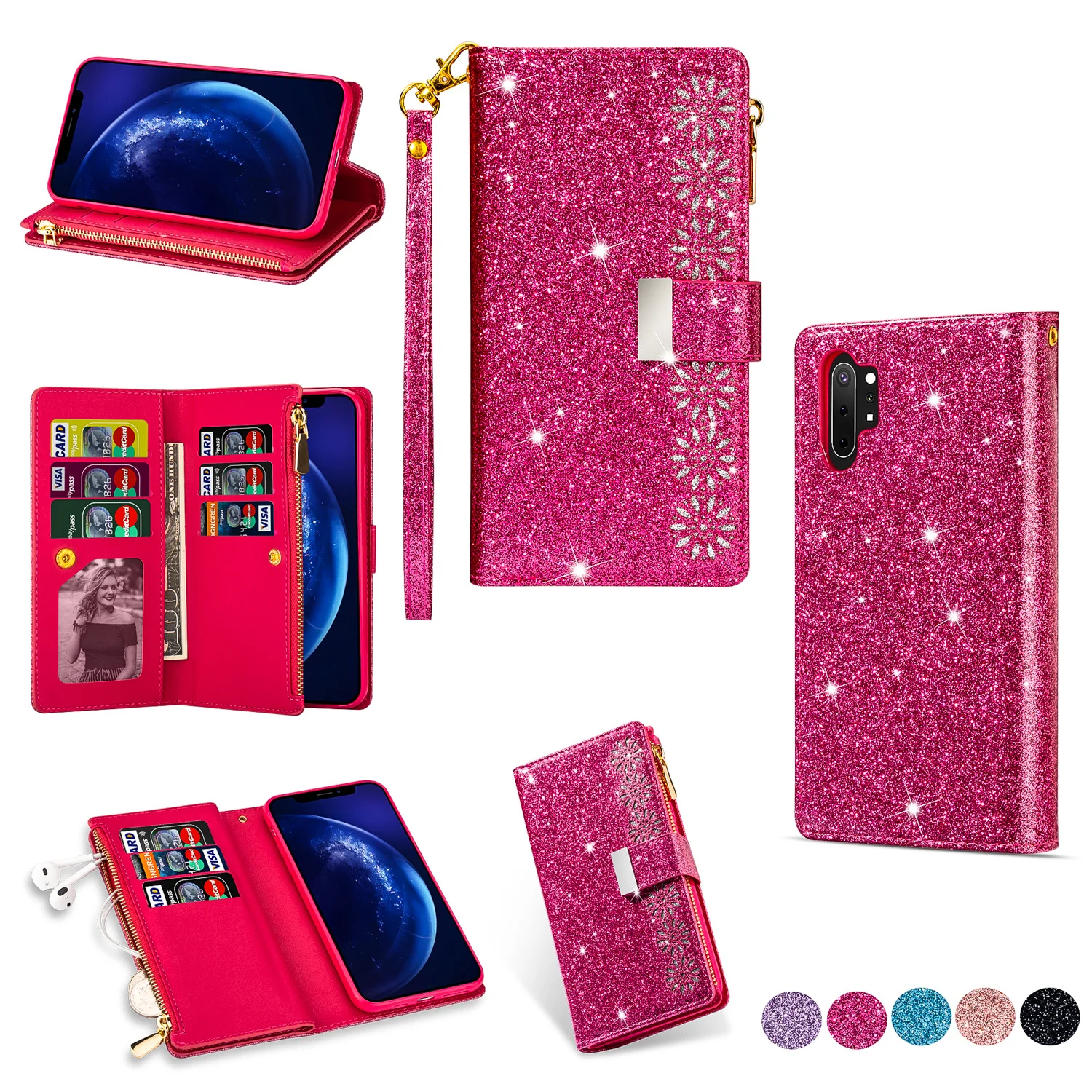 

Fashion Glitter Leather Wallet Card Slots Flip Case Cover For Samsung Note20 Ultra Note10 Note9 Note8 J3 J6 J7 J330 J530 J730