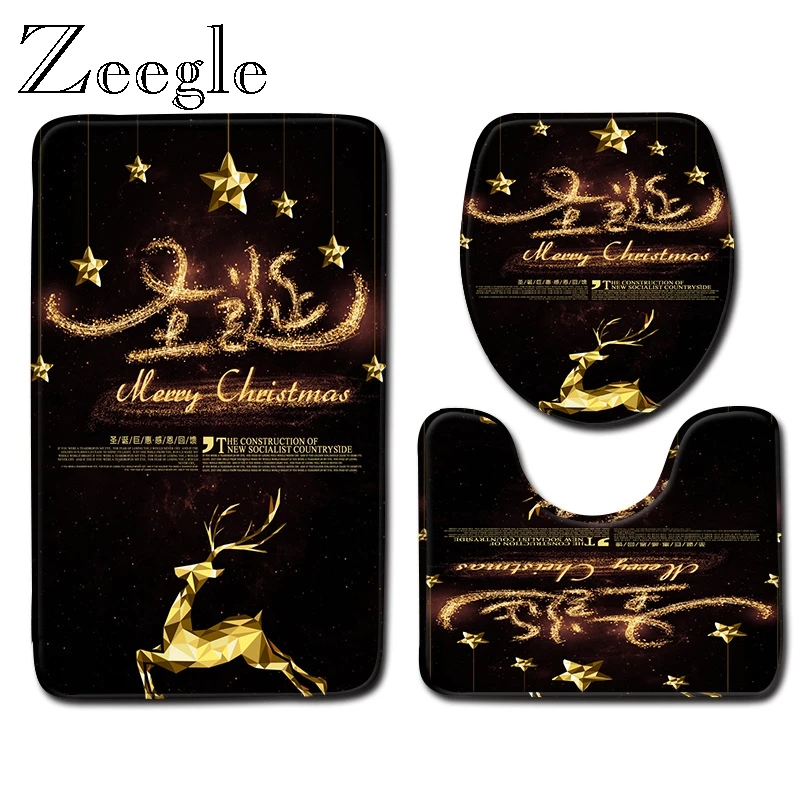 Zeegle Christmas Bath Mat Set washable Bathroom Decoration Carpet Non-slip Toilet Lid Cover Mat Absorbent Soft 3pcs Toilet Set