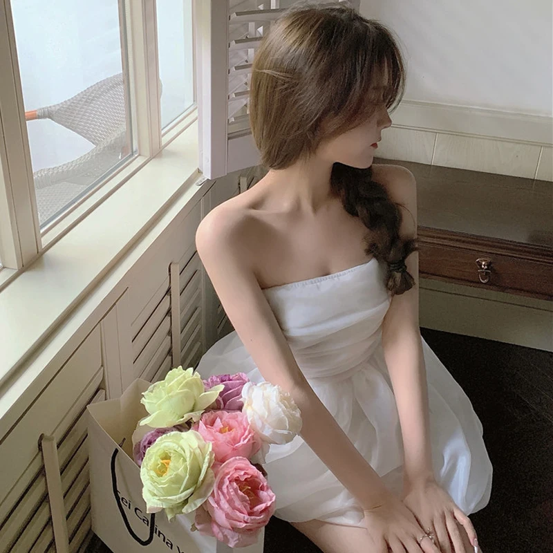 Sleeveless Mesh Solid Dress Female 2021 Summer Elegant Mini Dress Korean Sweet Women Casual Evening Party Kawaii One Piece Dress