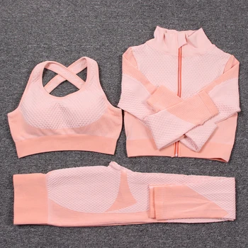 3 Pieces Set Seamless Sport Set Women Running Gym Clothing Tracksuit Sportswear Crop Top Yoga