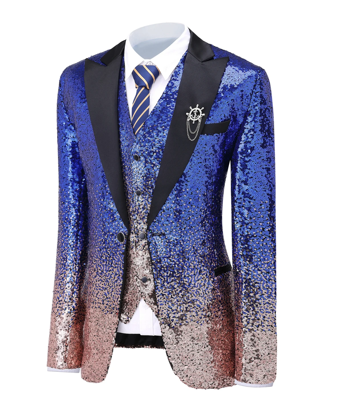 Royal Blue Men's Suit Gradually Changing Color Sequin Blazer Peak Notch Lapel Tuxedo For Wedding Party Groom (Blazer+Vest+pants) Royal Blue Men's Suit Gradually Changing Color Sequin Blazer Peak Notch Lapel Tuxedo For Wedding Party Groom (Blazer+Vest+pants)