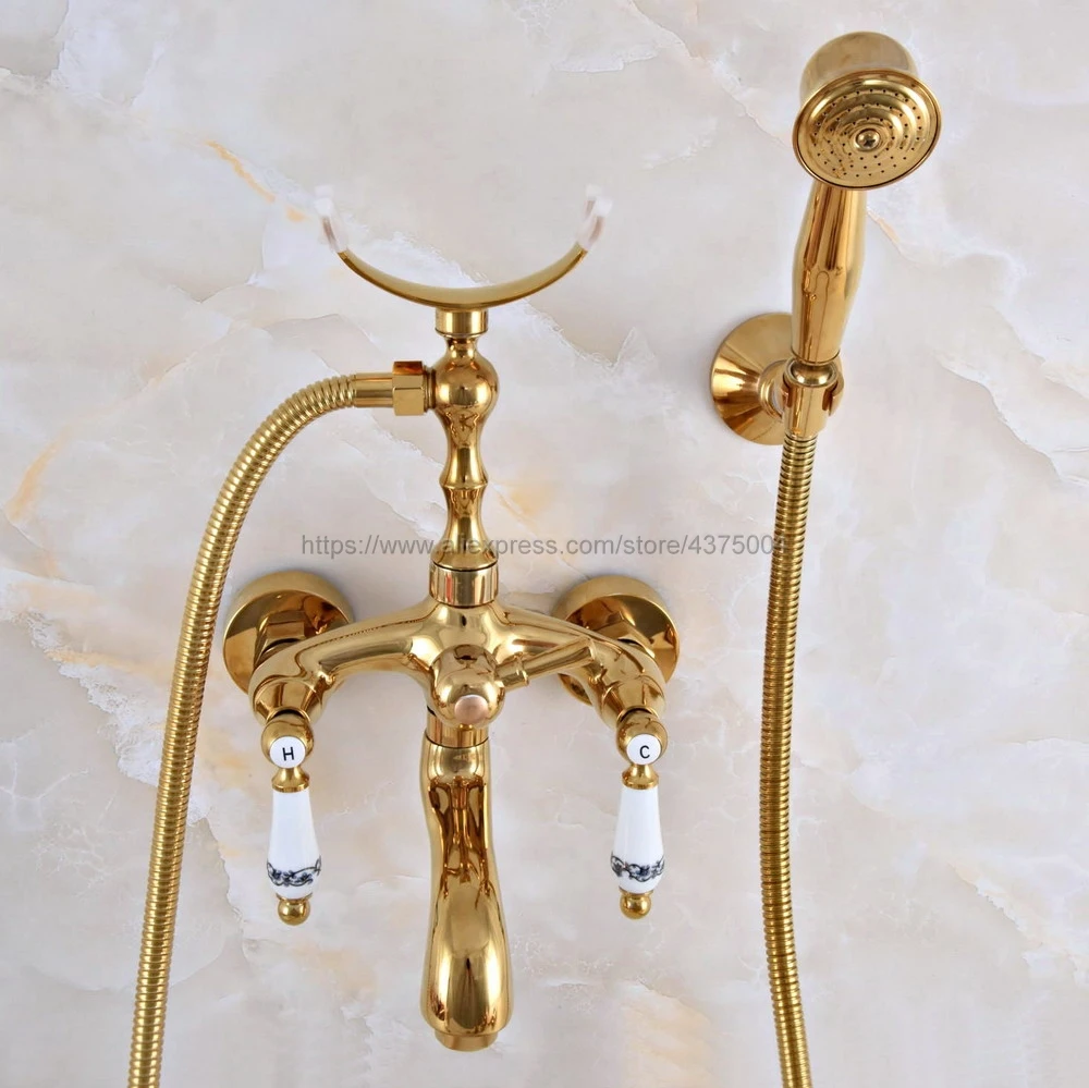Смеситель для ванной комнаты Золотой Цвет латунный настенный Ванная комната краны для ванной и душа смеситель для ванны с ручным душем Nna959