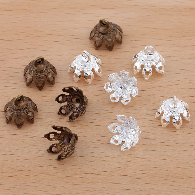 

100 PCS 9mm Metal Copper Flowers Bead Cap Antique Bronze Silver Color Pendant Bail Cup For Jewelry Making