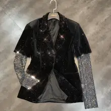 Осень, новинка, сетчатая цепочка, стразы, рукава, сшитый, яркий вентилятор, замшевый костюм, женский пиджак