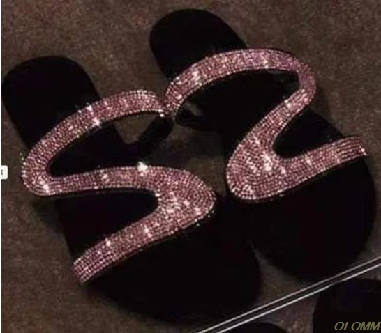 pink Женские шлепанцы; Вьетнамки; летние женские пляжные сандалии-шлепанцы с кристаллами и стразами; Повседневная обувь; шлепанцы без шнуровки - Цвет: pink