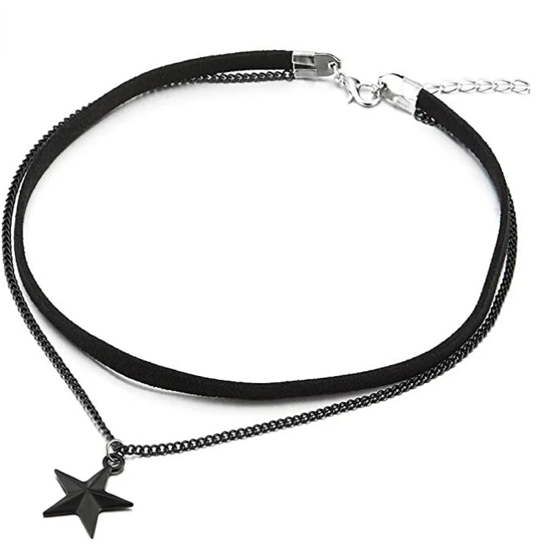 Two-Rows Black Choker Necklace with Black Chain and Pentagram Star Charm Pendant Multilayer Collar Necklace
