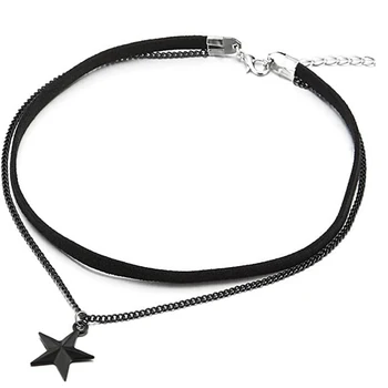 Two-Rows Black Choker Necklace with Black Chain and Pentagram Star Charm Pendant Multilayer Collar Necklace