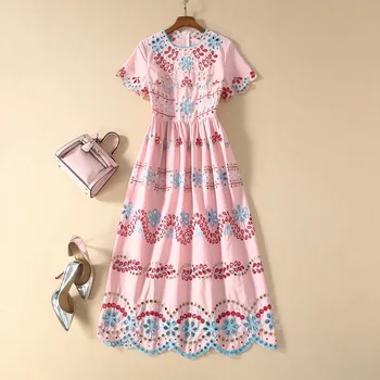 

Spring 2020 for European and American women's wear Hollow out the embroidery With short sleeves Round collar Fashion dress