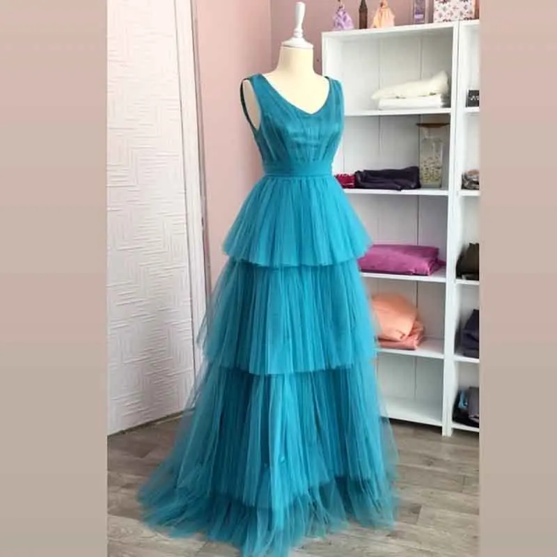 HWTX_Bridal многоярусные юбки платья для выпускного вечера бирюзовое Тюлевое длинное вечернее платье трапециевидной формы без рукавов женское вечернее платье на заказ