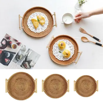

S/M/L Rattan Storage Tray Round Basket With Handle Hand-Woven Rattan Tray Wicker Basket Bread Fruit Food Breakfast Display