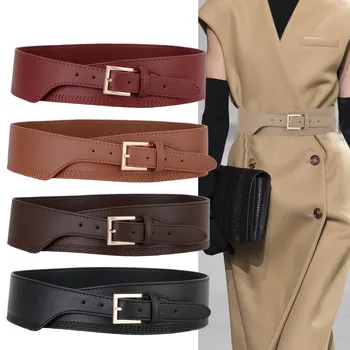 

New Black PU Leather Cummerbunds Female coat Belt Woman Punk Wide gold pin buckle Waistbands Dress fashion Lady For party gifts