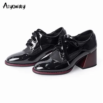 

Aiyoway New Arrivals Patent Leather Lace-Up Office Lady Pumps Women Shoes Comfortable Thick Heels Shoes Female Pumps
