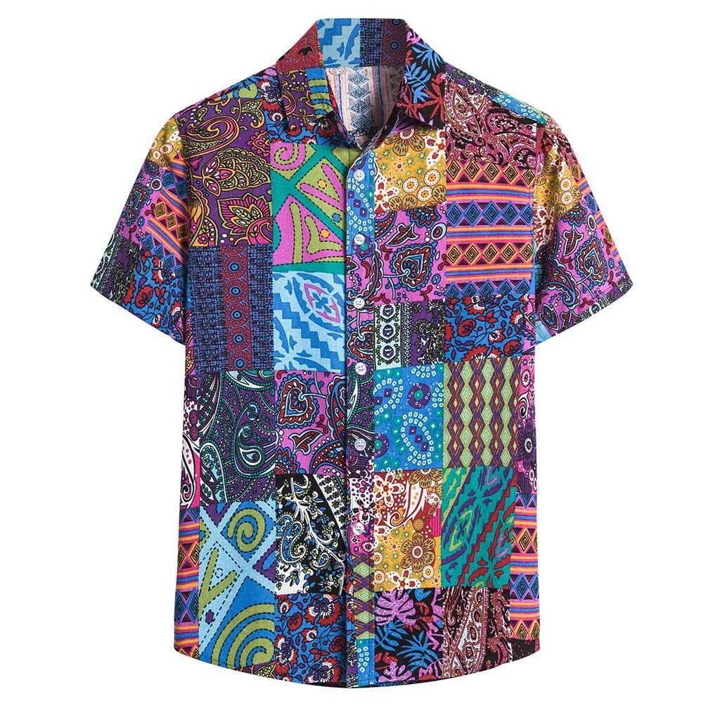 Mens Summer Fashion Stand Collar Strip Print Short Sleeve Shirt Top Cotton Linen Printing Hawaiian Camisas Hombre 3.30 | Спорт и