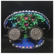 Стимпанк Аутентичные мужские и женские зеленый шлем полиции с металлическими классами представление военная шляпа Детская атласная фуражка капитана