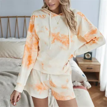 

Homewear Tracksuit Women Clothes Two Piece Set Pants And Top Sweatshirt 2020 2Pcs Ribbed Tie-Dye Print Autumn Spring Sweat Suits