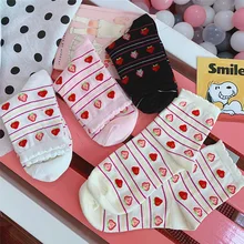 Носки для женщин и девочек, модные хлопковые носки с ворсом, милые кружевные носки с принтом клубники, все сезоны, чистые белые, розовые, черные носки